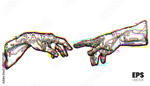 Vector glitched illustration of hands reaching out for touch in RGB color offset relief curves halftone vintage style design isolated on white background.