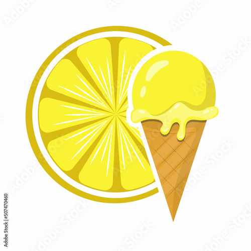 Vector lemon ice cream in waffle cone isolated on white background. Dessert with citrus flavor in cartoon flat style. Stock illustration.
