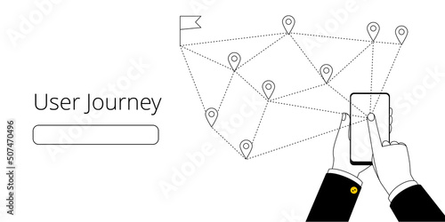 Hands with a mobile phone. Vector illustration on the theme of the customer journey.