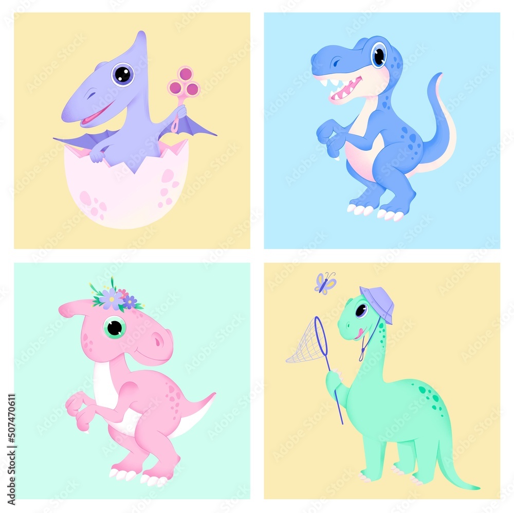 Set of cute baby dinosaurs: Pterosaur, T-Rex, Raptor and Diplodocus