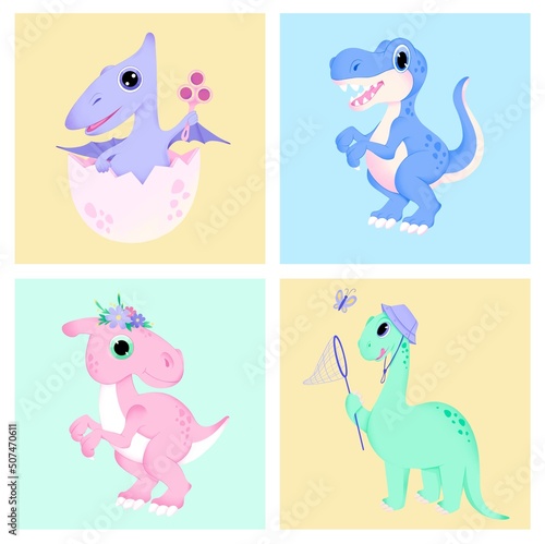 Set of cute baby dinosaurs: Pterosaur, T-Rex, Raptor and Diplodocus © Liubov