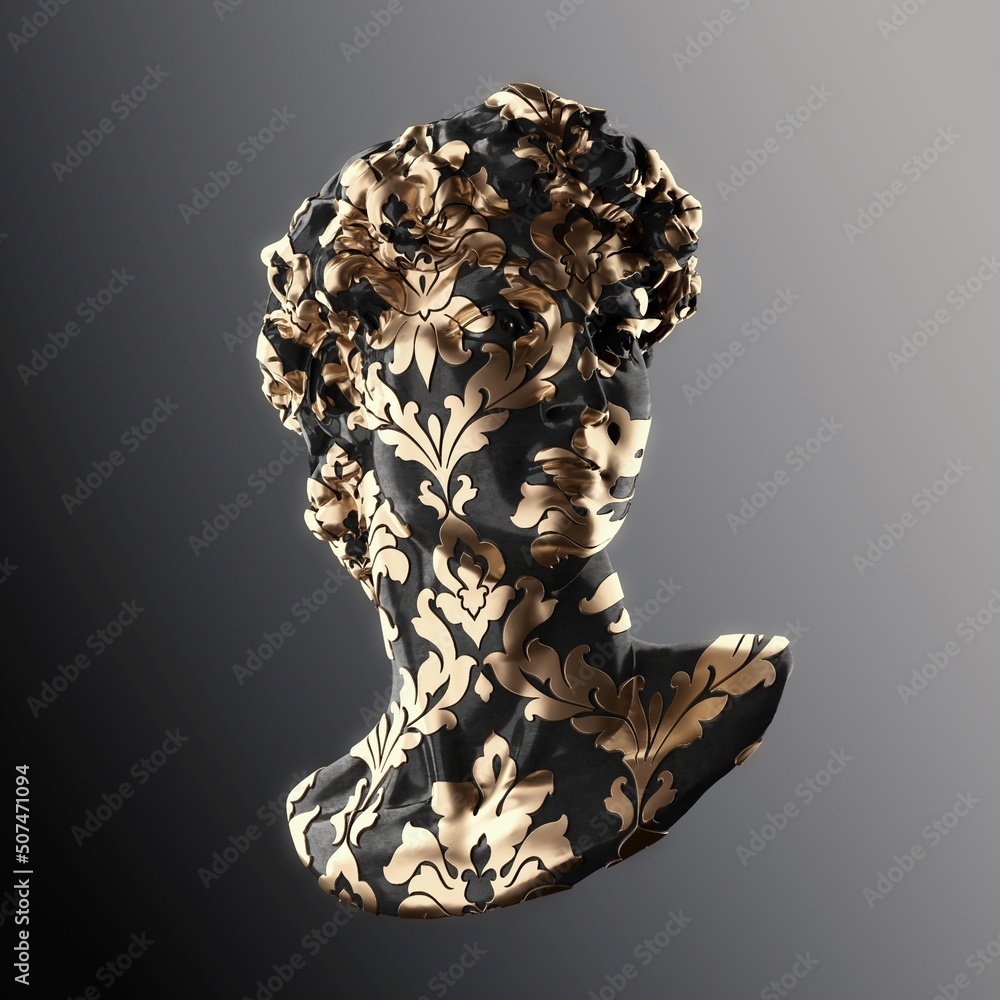 Abstract illustration from 3D rendering of classical male head sculpture with golden leaf brocade pattern on black marble isolated on gradient grey background.