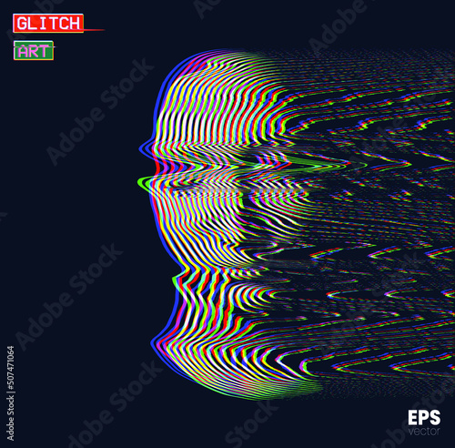 Glitch Art. Vector corrupted graphics concept illustration in RGB color offset illustration from 3d rendering of female face in oscillator glitch deformed line halftone style.