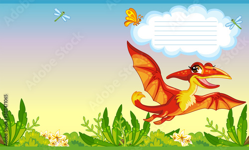 Cover for notebook with cute dinosaur pterodactyl vector