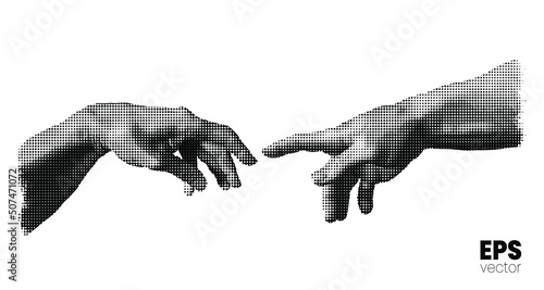 Fotografia Vector illustration of hands reaching out for touch in black and white dot halftone vintage style design