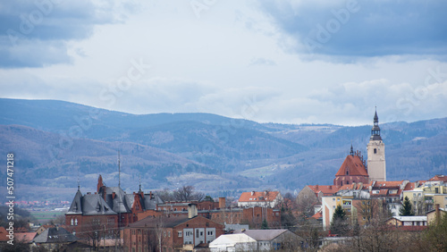 Fototapeta Naklejka Na Ścianę i Meble -  town, historic church with mountains in the background