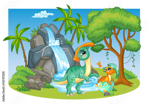 Illustration with cute parasaurolophus dinosaurs in nature vector photo