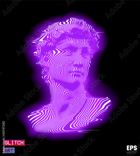 Vector pink and blue vaporwave style and distorted wavy line halftone illustration of male classical head sculpture from 3d rendering isolated on black background.