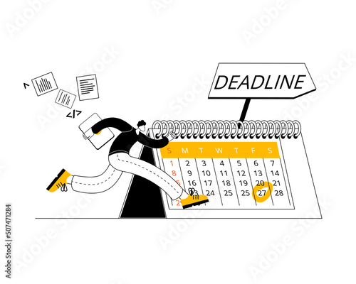 A man with a laptop is running fast against the background of a calendar and an arrow with an inscription. Vector illustration in a outline style on the topic of time management.
