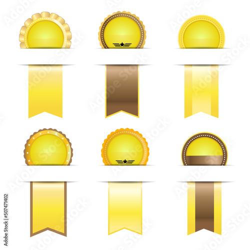 Gold ribbon and gold award on white background