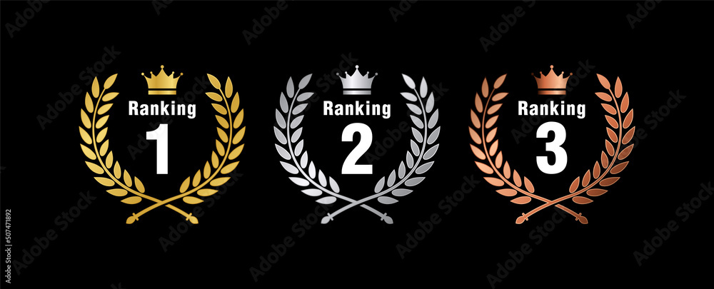 Ranking one gold, silver, and bronze laurel vector medals set, isolated, ranking two crown emblem, ranking three, number one laurel icon set in black background