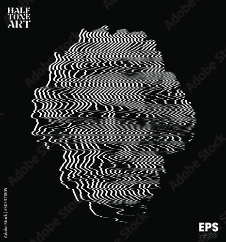 Vector white oscillator line halftone mode illustration of classical head sculpture of bearded old man from 3d rendering isolated on black background in old CRT TVs and VHS corrupted style graphics.