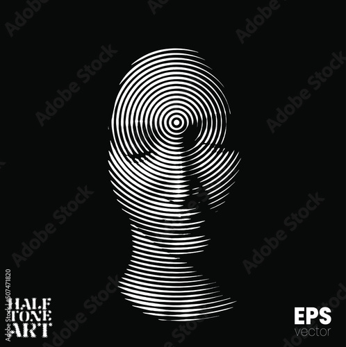 Halftone Art. Vector black and white illustration from 3d rendering of female face in circle halftone style isolated on black background.