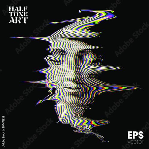 Halftone Art. Vector color RGB mode illustration from 3d rendering of female face in wavy line halftone style and glitched tears liquified face isolated on black background.