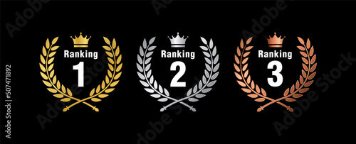 Ranking one gold, silver, and bronze laurel vector medals set, isolated, ranking two crown emblem, ranking three, number one laurel icon set in black background