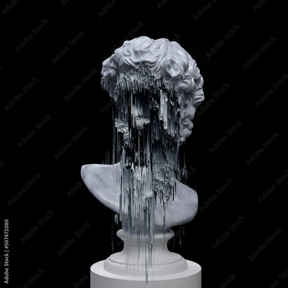Abstract concept illustration of faceless white marble classical bust on pedestal with erased and glitched pixel sorting face from 3d rendering on grey background. - obrazy, fototapety, plakaty 