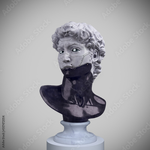 Abstract futuristic illustration from 3d rendering of a classical sculpture male bust half marble half robotic and isolated on grey background.