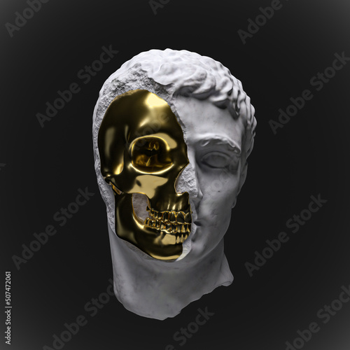 Bilde på lerret Abstract illustration from 3D rendering illustration of golden half skull and white marble classical sculpture head isolated on black background