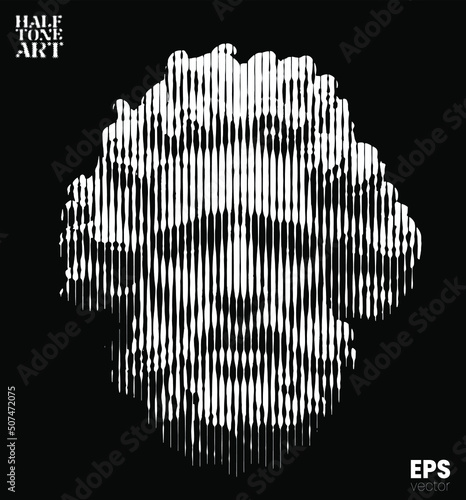 Vector white vertical line halftone mode illustration of classical head sculpture of bearded old man from 3d rendering isolated on black background. 