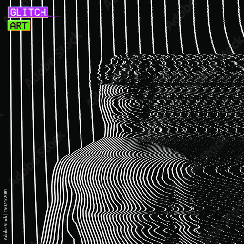 Vector abstract glitch art illustration from 3D rendering of frontal bust of a male figure in corrupted CRT TV oscillator white line halftone style on black background.