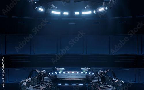 3D Rendering of sci fi pedestal in scientific laboratory with mechanical robot arms holder and ceiling light. For technology product, crypto currency, computer or high tech background