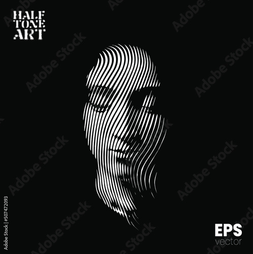 Halftone Art. Vector black and white illustration from 3d rendering of female face in wavy line halftone style isolated on black background. photo