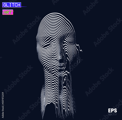 Glitch Art. Vector vertical corrupted graphics concept illustration in black and white illustration from 3d rendering of female face in oscillator line halftone style and isolated on black background.