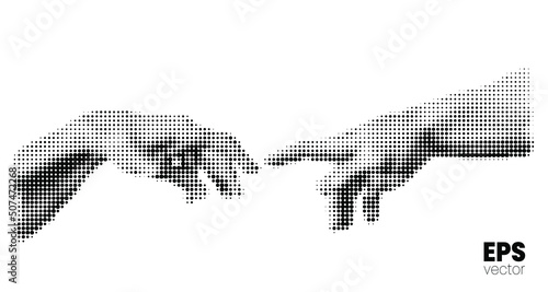 Vector illustration of hands reaching out for touch in black and white dot halftone vintage style design.