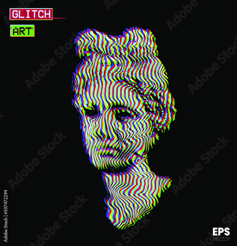 Glitch Art. Vector RGB color mode offset striped and glitched pattern illustration from 3D rendering of classical female head bust sculpture isolated on black background. 