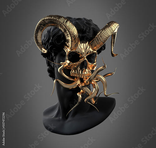 Canvas Print Dark art concept illustration from 3D rendering of black classical male head bust with golden skull mask, goat devilish horns and multiple snake tongues isolated on grey background