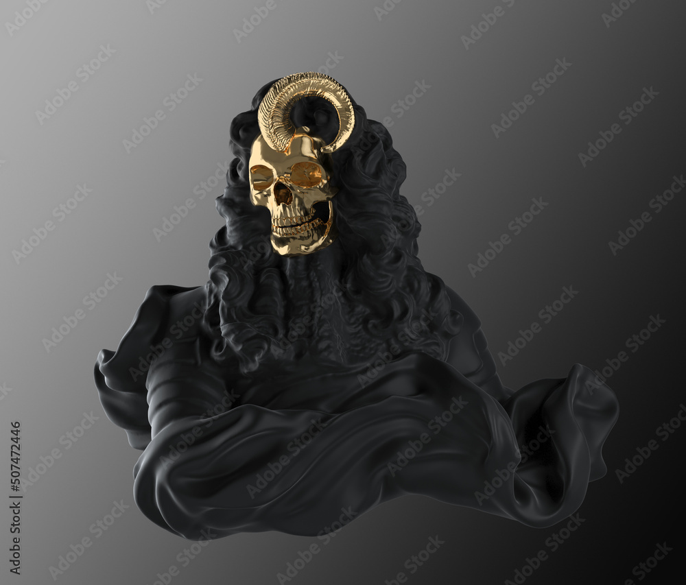 Concept illustration 3D rendering of baroque veiled black scary figure with golden skull and goat unicorn isolated on grey background in dark art style. Concept illustration 3D rendering of baroque veiled black scary figure with golden skull and goat unicorn isolated on grey background in dark art style.