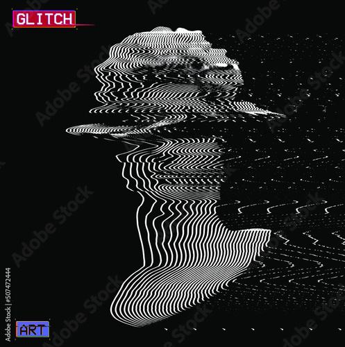 Vector distorted wavy oscillator white line halftone illustration of male classical head sculpture from 3d rendering isolated on black background in the style of old CRT TVs and VHS technology.