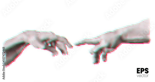 Vector illustration of hands reaching out for touch in  RGB color offset dot halftone vintage style design.