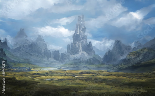 Fantastic Epic Magical Landscape of Mountains. Summer nature. Mystic Valley, tundra. Gaming assets. Celtic Medieval RPG background. Rocks and canyon. Beautiful sky with clouds. Book cover, poster © Abstract51