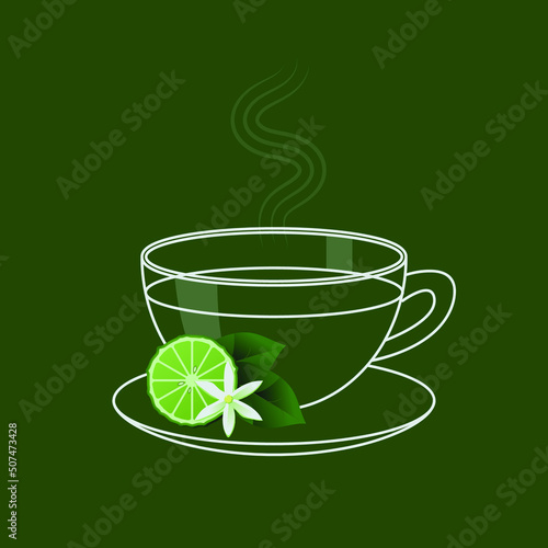 Schematic representation of a glass cup of tea with a slice of bergamot, vector illustration