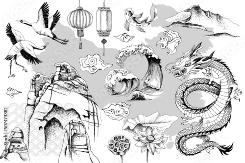Asian hand drawn art illustration set