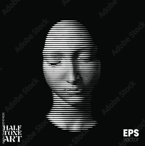 Halftone Art. Vector black and white illustration from 3d rendering of female face in horizontal line halftone style isolated on black background.