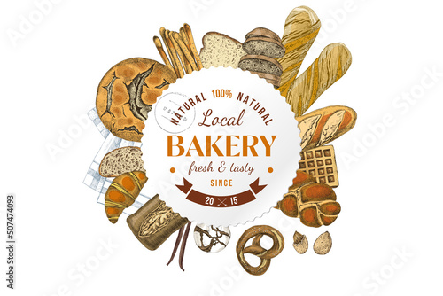 Local market label with variete of bread