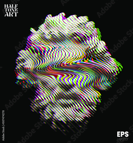 Vector RGB color offset glitched line halftone mode illustration of classical head sculpture of bearded old man from 3d rendering isolated on black background. 