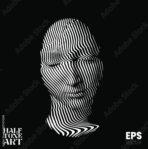 Halftone Art. Vector black and white illustration from 3d rendering of female face in wavy line halftone style isolated on black background.
