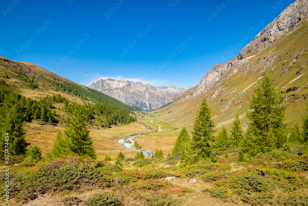 Hiking trails in the Fex Valley (Switzerland) offer nice views when walking from the Fex glacier at the end back towards the beginning near Sils Maria. It's a village in the Maloja Region (Engadin)