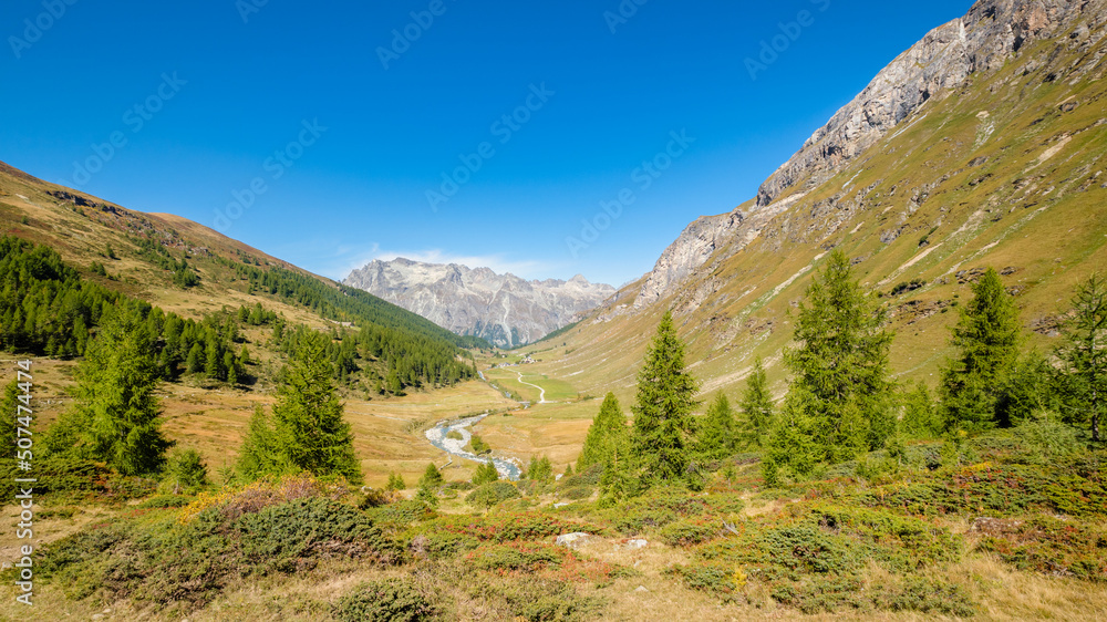 Hiking trails in the Fex Valley (Switzerland) offer nice views when walking from the Fex glacier at the end back towards the beginning near Sils Maria. It's a village in the Maloja Region (Engadin) Hiking trails in the Fex Valley (Switzerland) offer nice views when walking from the Fex glacier at the end back towards the beginning near Sils Maria. It's a village in the Maloja Region (Engadin)