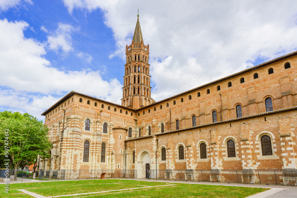 Exterior view of Basilica de Saint-Sernin in Toulouse which claims to be the largest Romanesque building in France 