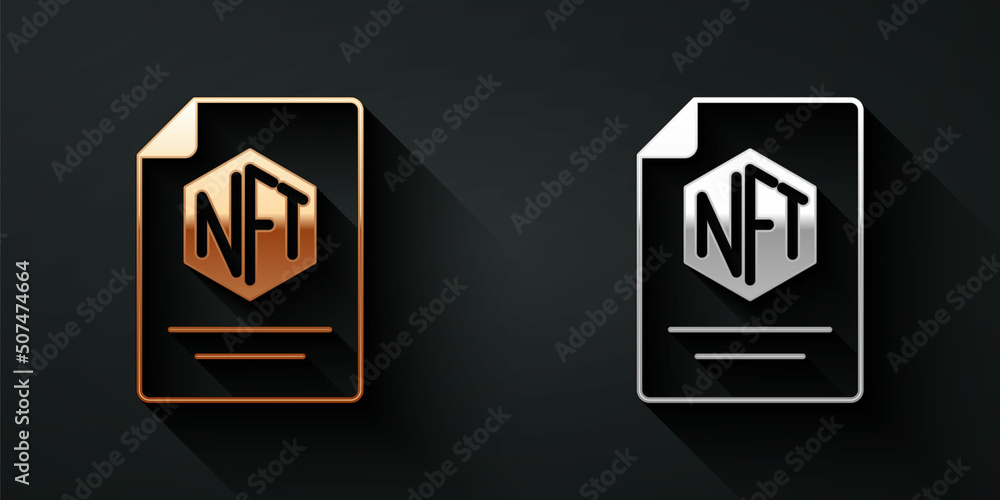 Gold and silver NFT contract icon isolated on black background. Non fungible token. Digital crypto art concept. Long shadow style. Vector - obrazy, fototapety, plakaty 