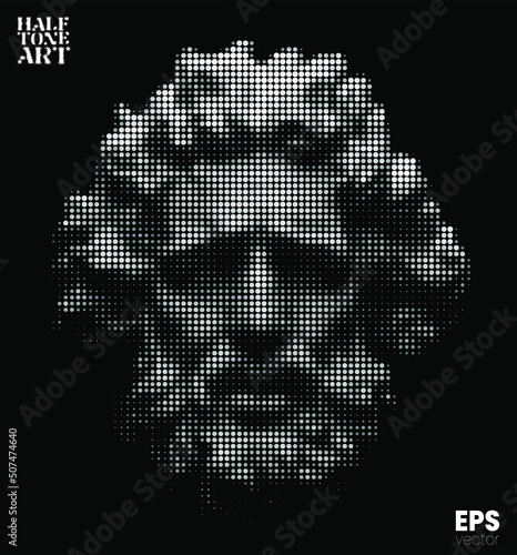 Vector grayscale dot halftone mode illustration of classical head sculpture of bearded old man from 3d rendering isolated on black background. 