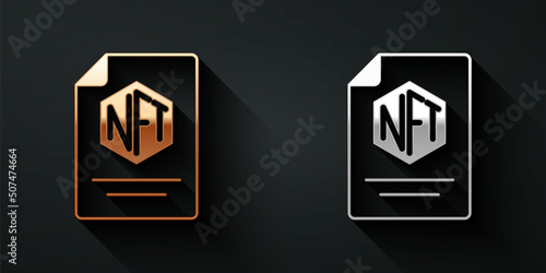 Gold and silver NFT contract icon isolated on black background. Non fungible token. Digital crypto art concept. Long shadow style. Vector