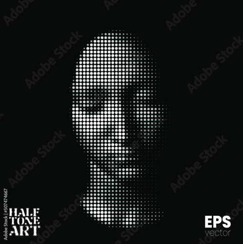 Halftone Art. Grayscale vector illustration from 3D rendering of female face in dot halftone style isolated on black background.