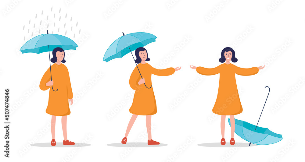 Vector illustration sad woman with umbrella under rain. Happy woman when rain ended. Vector illustration sad woman with umbrella under rain. Happy woman when rain ended.