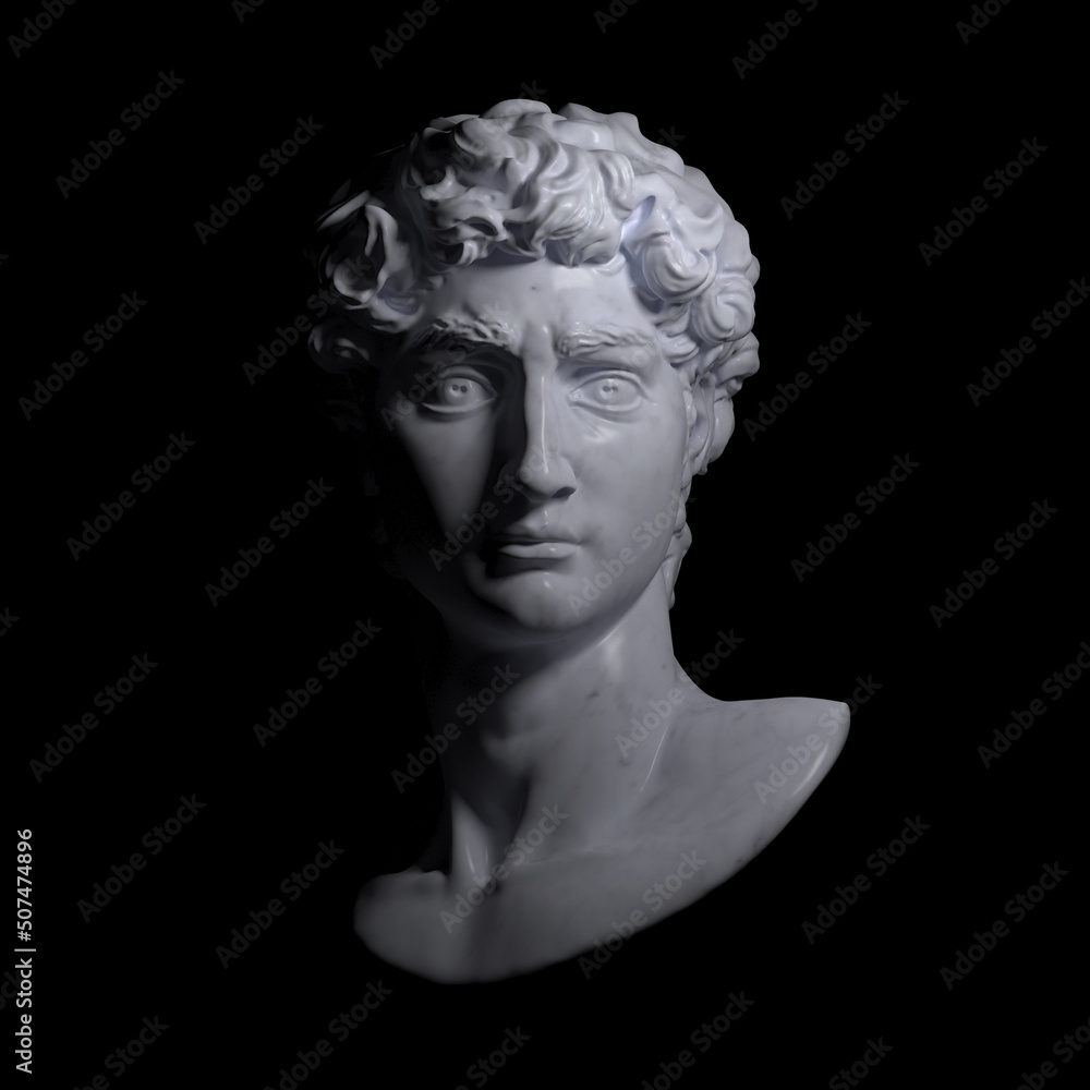 Light and shade dramatic illustration from 3d rendering of classical white marble male head bust looking straight and illuminated by a theatrical light source. Light and shade dramatic illustration from 3d rendering of classical white marble male head bust looking straight and illuminated by a theatrical light source.