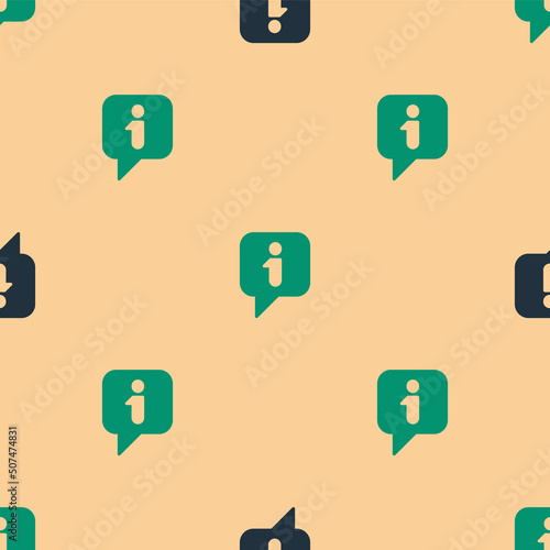 Green and black Information icon isolated seamless pattern on beige background. Vector